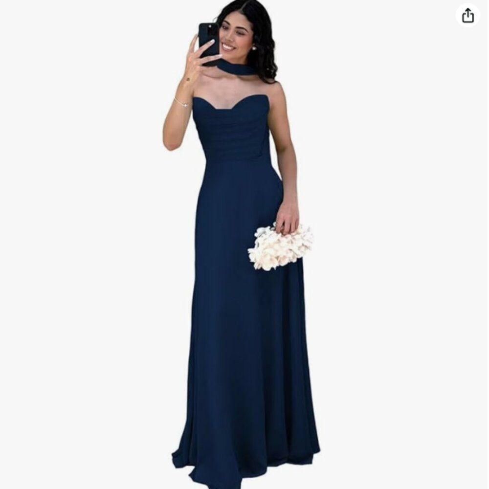 Navy Blue Chiffon Long Strapless Maxi Formal Dress with Scarf NEW